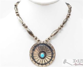 251:
Sterling Silver Necklace with Turquoise Pendent, 29.5g
Sterling silver necklace weighs approx 27.4g measures approx. 15"
