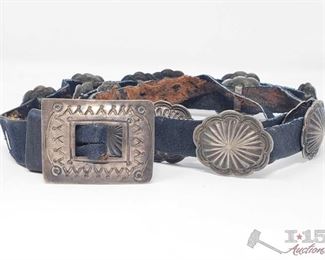 285: Old Pawn Heavy Stamp Sterling Silver Concho Belt, approx 38"
Sterling Silver | | Old Pawn Heavy Stamp Concho Belt | Navajo Native American Southwest Indian Jewelry | Weight:94.9 Grams, | Dimensions: Belt: 38" length, 1.5" x 1.25" buckle, 1.25" x 1" (14) conchos
Metal Type: Sterling Silver
Low Estimate: 900
High Estimate: 1350