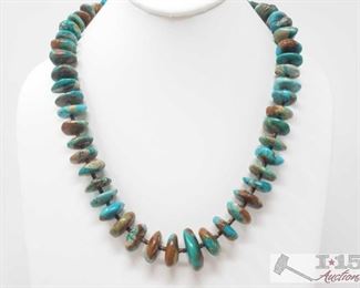 302:
Contemporary Pilot Mountain Turquoise Freeform Stones Necklace, 117.5g
Sterling Silver | Genuine Pilot Mountain Turquoise | Contemporary Pilot Mountain Turquoise Freeform Stones & Heishe Necklace | Navajo Native American Southwest Indian Jewelry | Dimensions: Necklace: approx 20" length, stone diameters range from .5" to 1" Turquoise Necklace weighs approx 117.5g
Metal Type: Sterling Silver
Gemstones: Turquoise
Low Estimate: 400
High Estimate: 600