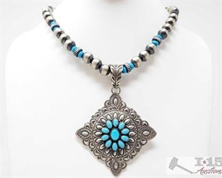 303: MC Sleeping Beauty Turquoise Heavy Bump Out Calibrated Necklace, 79.2g
Sterling Silver | Genuine Sleeping Beauty Turquoise | MC Sleeping Beauty Turquoise Heavy Bump Out Calibrated Pendant & Large Beads Necklace | Navajo Native American Southwest Indian Jewelry | 2.75" x 3.5" pendent, 6mm x 8mm center stone | Signed: MC, weighs approx 79.2g measures approx 19"
Metal Type: Sterling Silver
Gemstones: Turquoise
Low Estimate: 1200
High Estimate: 1800