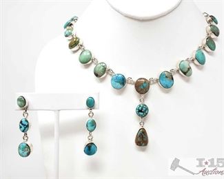 315:
Paul Livingston Navajo Turquoise Mountain & Sterling Silver Necklace Set Signed 1 weighs approx 66.9g measures approx 24.