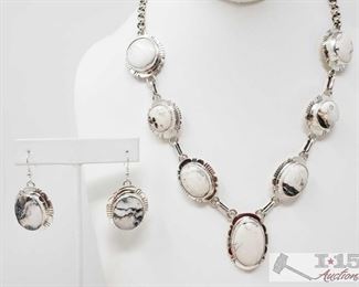 316:
Lorenzo Juan Contemporary White Buffalo Necklace and Earrings, 93.4g
Sterling Silver | Genuine White Buffalo | Lorenzo Juan Contemporary White Buffalo Necklace & Earrings Set | Navajo Native American Southwest Indian Jewelry | Dimensions: Earrings: .75" x 1.5" (for both), Necklace: 18" length, 1" x 1.25" center pendent | Signed: L Juan, weighs approx 93.4g measures approx 22"
Metal Type: Sterling Silver
Low Estimate: 1200
High Estimate: 1800