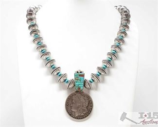 317:
Vintage Mercury Dime Beads Morgan Dollar Large Necklace, 213.8g
Sterling Silver | Genuine Turquoise & Coral | Vintage Mercury Dime Beads Morgan Dollar Large Cobblestone Inlay & Turquoise Disc Necklace | Navajo Native American Southwest Indian Jewelry | Dimensions: Necklace: approx 24" length, 1.5" x 2.75" center pendent | weighs approx 213.8g
Metal Type: Sterling Silver
Gemstones: Turquoise
Low Estimate: 1200
High Estimate: 1800