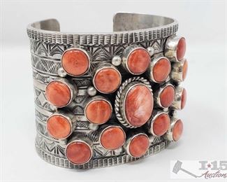 320:
Signed T. Jon Spiny Oyster & Sterling Silver Cuff/Bracelet 143.1g
What a beautiful one of a kind Cuff Signed by the famous artist T. Jon and Marked Sterling
Weighs approx 143.1g
Metal Type: Sterling Silver
Low Estimate: 800.00
High Estimate: 1000.00