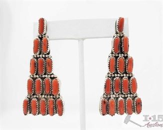 324:
Navajo Sterling Silver & Coral Dangle Earrings, 20g
These great Navajo Natural Coral & Sterling Silver. They are 2 1/2 inches long and 1 inch wide, weighs approx 20g