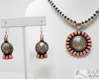 325:
Annie Hoskie Sterling & Coral Liberty Coin Set Earrings and Pendent (One of A Kind)
This one of a kind piece is both signed by the artist and marked sterling
Combined weigh approx 35.4g
*Chain Not Included**
Metal Type: Sterling Silver
Gemstones: Coral
Low Estimate: 350.00
High Estimate: 500.00