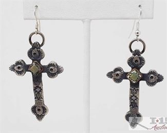 331:
Turquoise & Sterling Silver Navajo Cross Earrings, 14.5g
Green Turquoise & Sterling Silver cross earrings. These are handmade by the Navajo artist Kevin Billah. The length of these earrings is right at 2 1/2 inches long and 1 1/4 inches wide. They are stamped Sterling and signed by the artist. weighs approx 14.5g