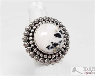 338:
Esther Spencer Contemporary White Buffalo Round Drop Sterling Silver Ring, 14.4g
Sterling Silver | Genuine Whit White Buffalo | Esther Spencer Contemporary White Buffalo Round Drop Ring | Navajo Native American Southwest Indian Jewelry | Dimensions: 1.25" face width, .75" diameter stone | Signed: B Spencer Weighs approx 14.4g, approx size 6
Metal Type: Sterling Silver
Low Estimate: 200
High Estimate: 300
