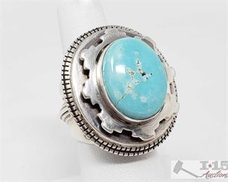340:
Vintage Royston Turquoise Stack Oval Sterling Silver Ring, 27.1g
Sterling Silver | Genuine Royston Turquoise | Vintage Royston Turquoise Stack Oval Ring | Navajo Native American Southwest Indian Jewelry | Dimensions: 1.25" face width, .5" x .75" stone | Signed: Joe L Weighs approx 27.1, approx size 7
Metal Type: Sterling Silver
Gemstones: Turquoise
Low Estimate: 300
High Estimate: 400