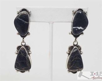 343: Eleanor Largo Black Lightning White Buffalo Post Dangle Sterling Silver Earrings, 21.9g
Sterling Silver | Genuine White Buffalo | Eleanor Largo Black Lightning White Buffalo Post Dangle Earrings | Navajo Native American Southwest Indian Jewelry | Dimensions: Earrings: .75" x 2.5" (for both) | Signed: E Largo weighs approx 21.9g
Metal Type: Sterling Silver
Low Estimate: 200
High Estimate: 300