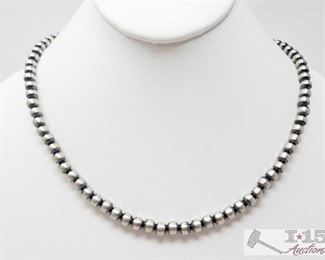 348:
Striking Sterling Silver Navajo 8mm Beads Length 18"
Wear alone stacked with other Navajo beads or with your favorite pendent!!
Sterling Silver Necklace weighs approx 20g measures approx 18"