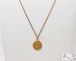 496:
1908 Indian Head $2.50 Gold Coin on a chain
1908 Indian Head $2.50 Gold Coin on a chain weighs approx 8.8g measures approx 15"