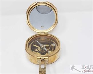 770:
Natural Sine India Compass
Pretty cool Natural Sine India brass nautical compass with adjustable levels and sites. Has heavy brass housing, top brass plate with sine conversion chart and mirrored lid. Measures approx 3" in diameter