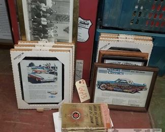 6613: Vintage Automotive wall art and maps
SUPER COOL LOT for vintage car buffs!! Featuring several pieces of vintage automotive art new in original boxes! Several framed certificates, authenticity of artifacts, framed news and advertisement clippings, Route 66 memorabilia, a vintage northeastern US map, directory of motor courts and cottages, AAA tour book.