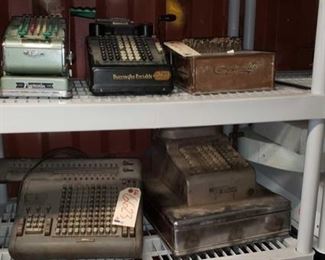 6623: 4 Vintage cash registers and 1 vintage paymaster check stamper
OH WOW!! These are adding machines and cash registers! These are SUPER cool antique collectibles that include:
**an antique Paymaster check writer series 700 with pull handle and 7-row buttons. Good condition
**a RARE Burroughs portable adding machine in good condition, minus one key
**an 1887 Felt & Tarrant Comptometer adding machine with metal cover
*a 1952 Friden Electro-mechanical calculator SW10 model. Description of primary functions can be seen here https://youtu.be/7S0BETniokI
**a 1930’s antique R.C.Allen Systematic hand-crank cash register