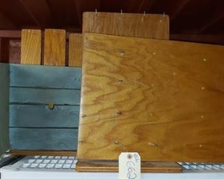 6629:
Approx. 5 display boards
This lot features five handmade plywood display boards, four in natural stain and one painted pale blue. Varied sizes; hooks included. These are perfect for displaying jewelry, soft goods, and other flea market type of items that you need to have on a table display.