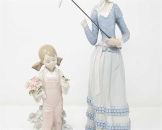 8500: Two Llardro Figurines, "Little Lady with Umbrella" and "Spring Girl with Flowers and Bird"
Two 1980’s retired figurines
"Aranjuez Little Lady with Parasol" #4497 Issued 1974-1996. Right hand and open parasol are broken off. Made by Lladro handmade in Spain
"Spring Girl with Flowers and Bird" #5217 a glossy porcelain figurine girl with a pink bib holding a bouquet of flowers in one hand and a little bird in the other. by Vincente Martinez handmade in Spain