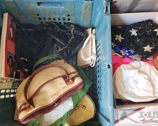 8910:
Assorted Hats, Handbags, and Clock
This lot is a large grab bag of assorted hats, handbags, a 1984 Olympic games book, and a clock.