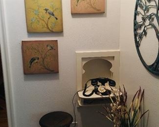 Art prints , tall metal vase, 3 tier small shelf, vintage style telephone