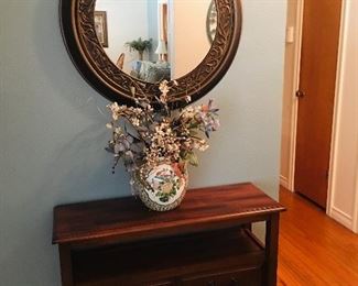 Entry table, oriental vase & arrangement & wall accent mirror