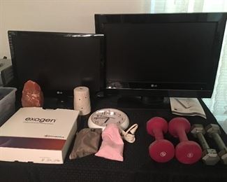 Flat screen tv’s, exogen healing equipment, pink salt lamp, weights