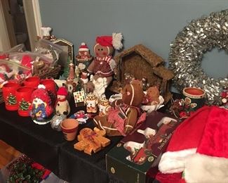 Christmas decor including nativity , gingerbreads, snowmen, etc