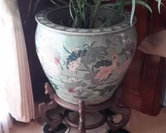 Large Asian Jardiniere fishbowl with ornate wooden plant stand!