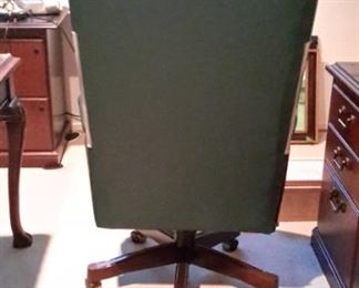Large Ethan Allen Wing Back green leather tufted swivel office chair with nail head trim, in excellent condition.