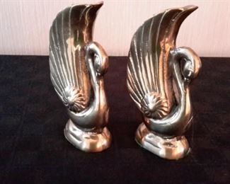 Vintage heavy brass swan candlestick holders/vases/bookends.
