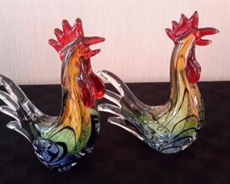 Two hand blown glass roosters with no chips, cracks.