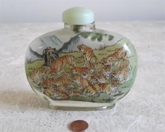 Vintage reverse painted perfume bottle with cork stopper and jade