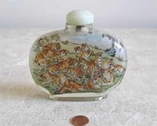 Vintage reverse painted perfume bottle with cork stopper and jade