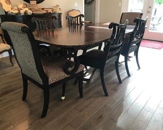 Gorgeous vintage "Councill" dining table - upcycled with leather top - 7.5' x 4' w/extra 18" leaf and six chairs