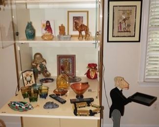 Hollywood regency / MCM glass front/ bar cabinet,  Egyptian silk pharaoh print