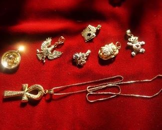 More Italian 14k Gold, Including American eagle charm, ornate Egyptian ANKH cross, Egyptian Scarab Beetle Pendant