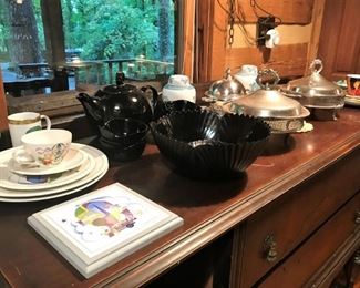 Villeroy & BochLe Ballon trivet and dishes, Black teapot, vintage black shell serving bowl with matching accessories, silverplate servers, more