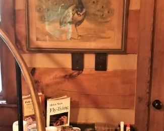 Fabulous vintage peacock print, fishing/outdoor books and accessories