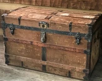 Another antique trunk w/leather trim, brass lock