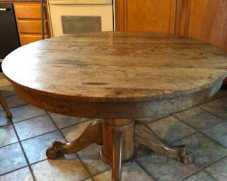 Tiger oak round table, old (circa 1900), top needs TLC, no leaf. 