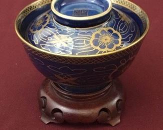 Antique Porcelain Hand Painted Cobalt Imari Covered Rice Bowl