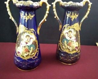 Pair of Cobalt Blue Vases with Gold Accent