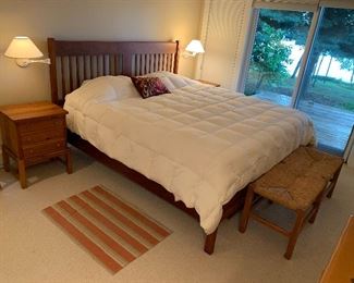 King Size platform Bed with newer Beautyrest Mattress, nightstands and cain woven bench