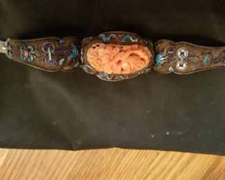 Antique chinese coral and enamel silver bracelet