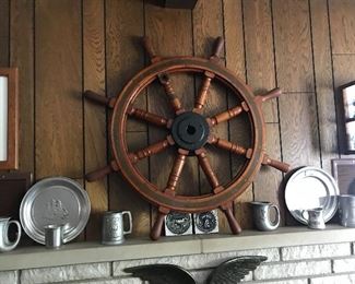 Pewter and antique ships wheel from Maine in the 1960's