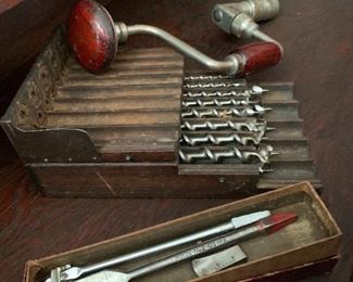Vintage drill w bits in original wood box