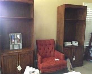 bookshelves, vintage chair, new curtains, jewelry box