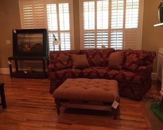 beautiful sofa and ottoman with pull out tray, floor lamp, lots of books