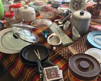 LARGE AMOUNT OF SMALLS, DISH SETS, IRON PANS, HOLDERS.....