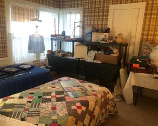 2 single beds, sewing items, yarn
