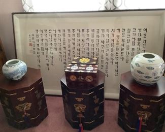 3 end tables that open up and have lovely lined storage inside. Korean Psalm 23 beautifully framed